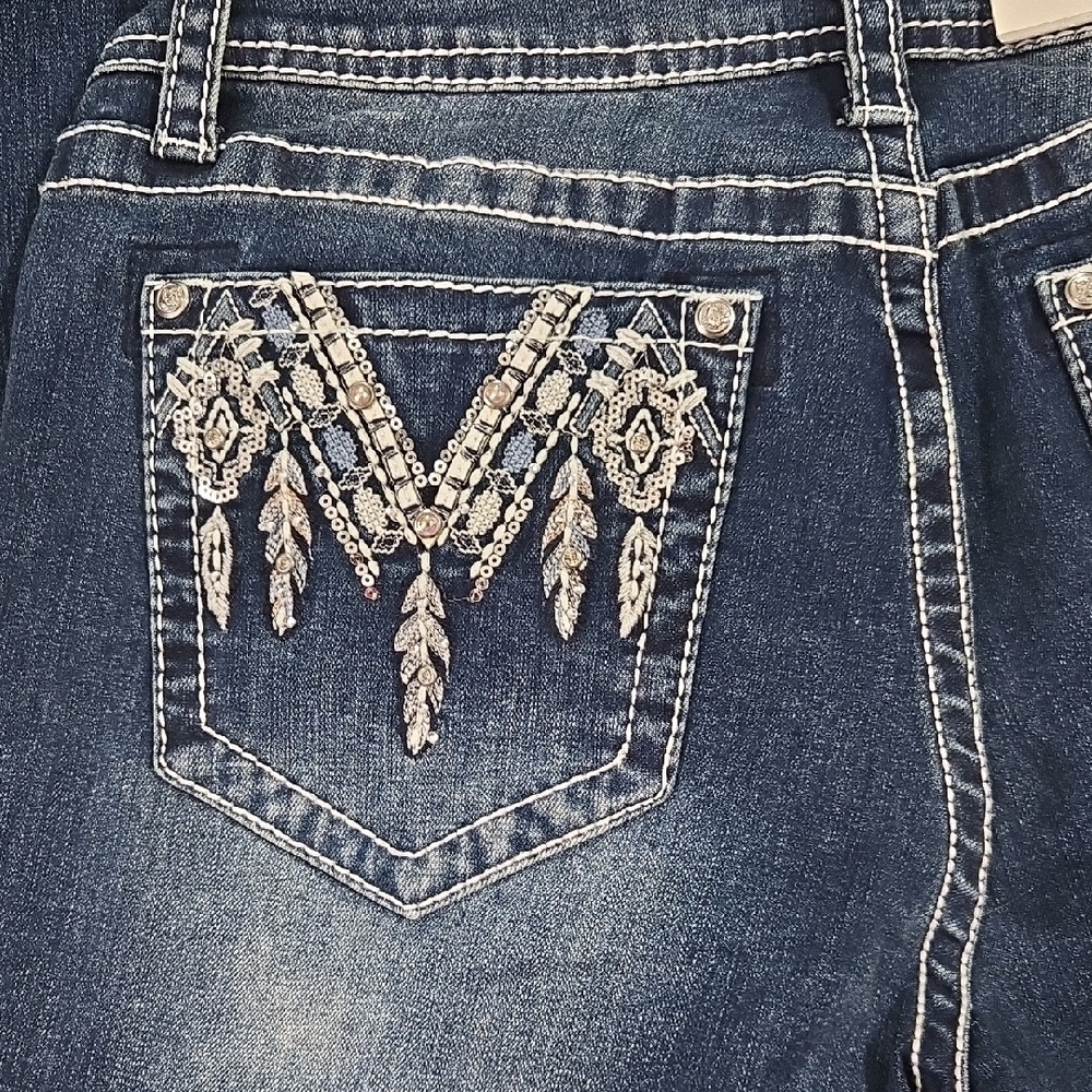 Grace in LA Blue Boot Cut Jeans with Embellished Pockets - Picture 3 of 11